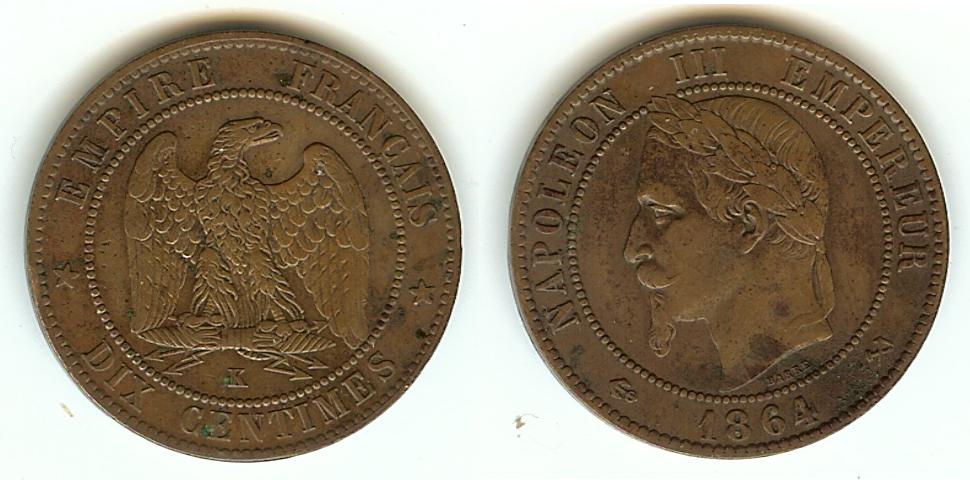 Dix centimes Napoléon III, tête laurée 1864 Bordeaux TTB+